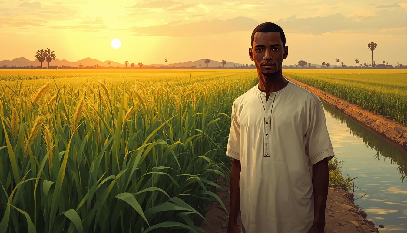 A Sudanese farmer standing in a lush green field beside an irrigation canal at golden hour, with the Nile and date palms in the distance