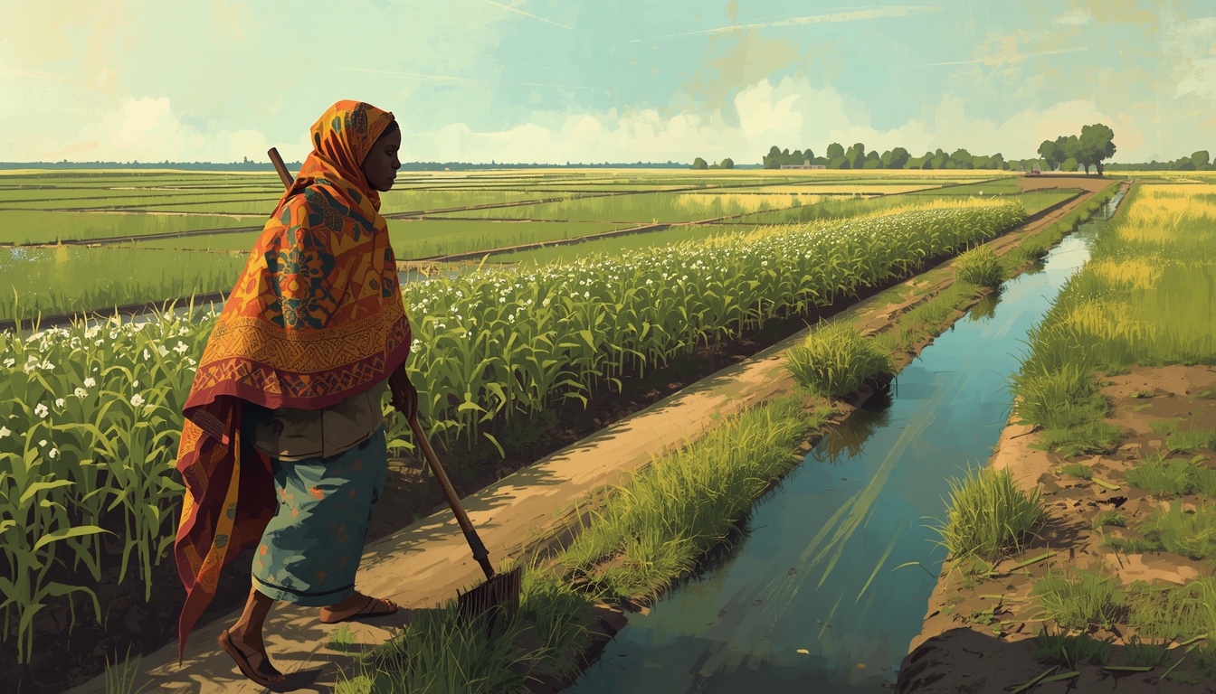 A Sudanese woman in a traditional toub walking along a Gezira Scheme irrigation canal bank, green cotton and sorghum fields on either side