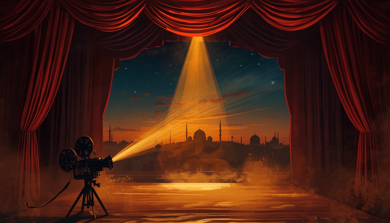 جهاز عرض سينمائي يُضيء أفق مدينة على ضفاف النيل، تؤطره ستائر حمراء لخشبة مسرح