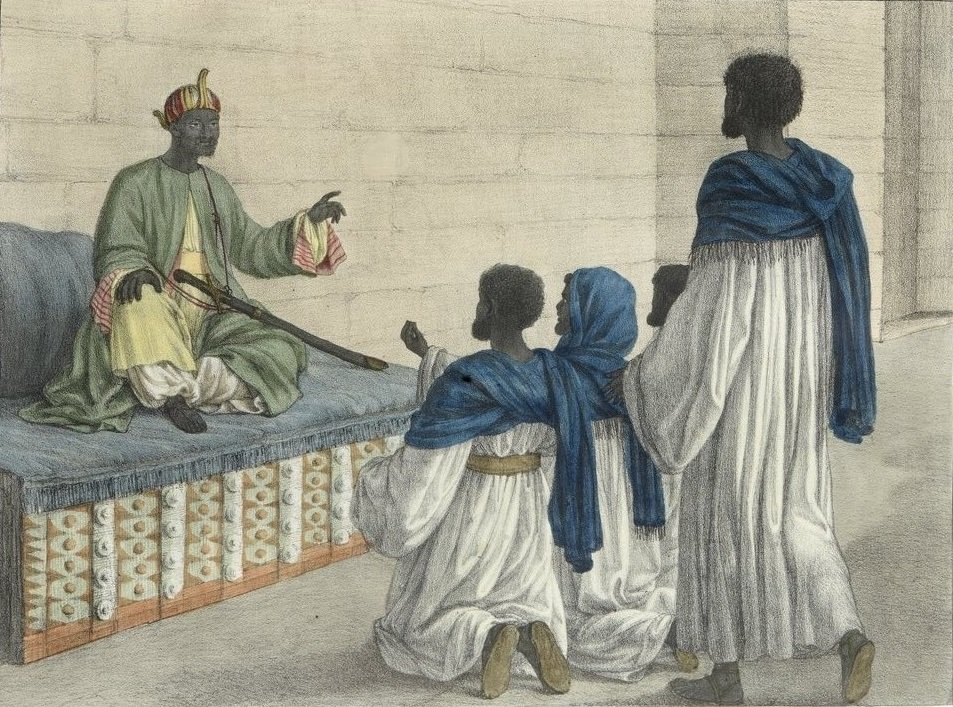 A French engraving titled Le roi de Sennâr donnant audience à ses ministres, depicting a Funj king of Sennar receiving his ministers, drawn shortly after the 1821 conquest