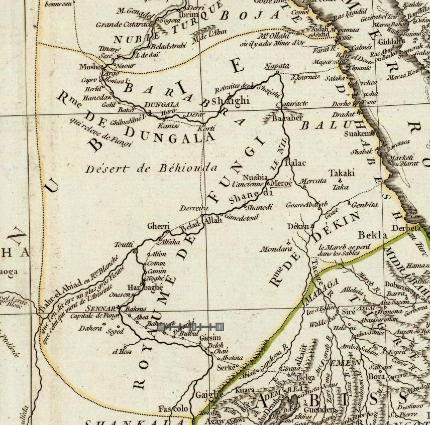 An eighteenth-century European map of the Funj Sultanate, drawn by the French cartographer J. B. B. d'Anville