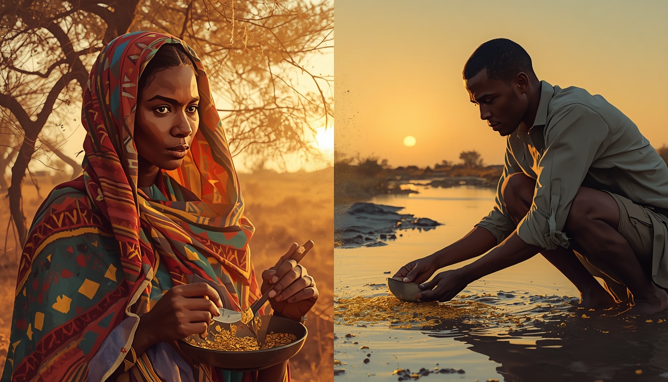 Split image: a Sudanese woman in a traditional toub tapping gum arabic resin from an acacia tree in Kordofan at dawn, and a Sudanese man panning for gold in a riverbed at sunset