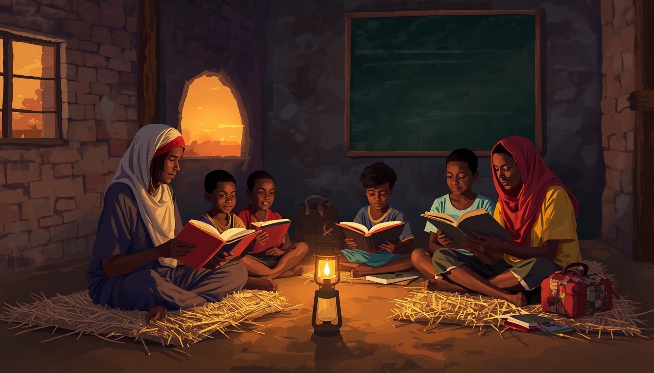 Sudanese adults and children sitting together on straw mats in a lantern-lit village classroom, learning to read from open books