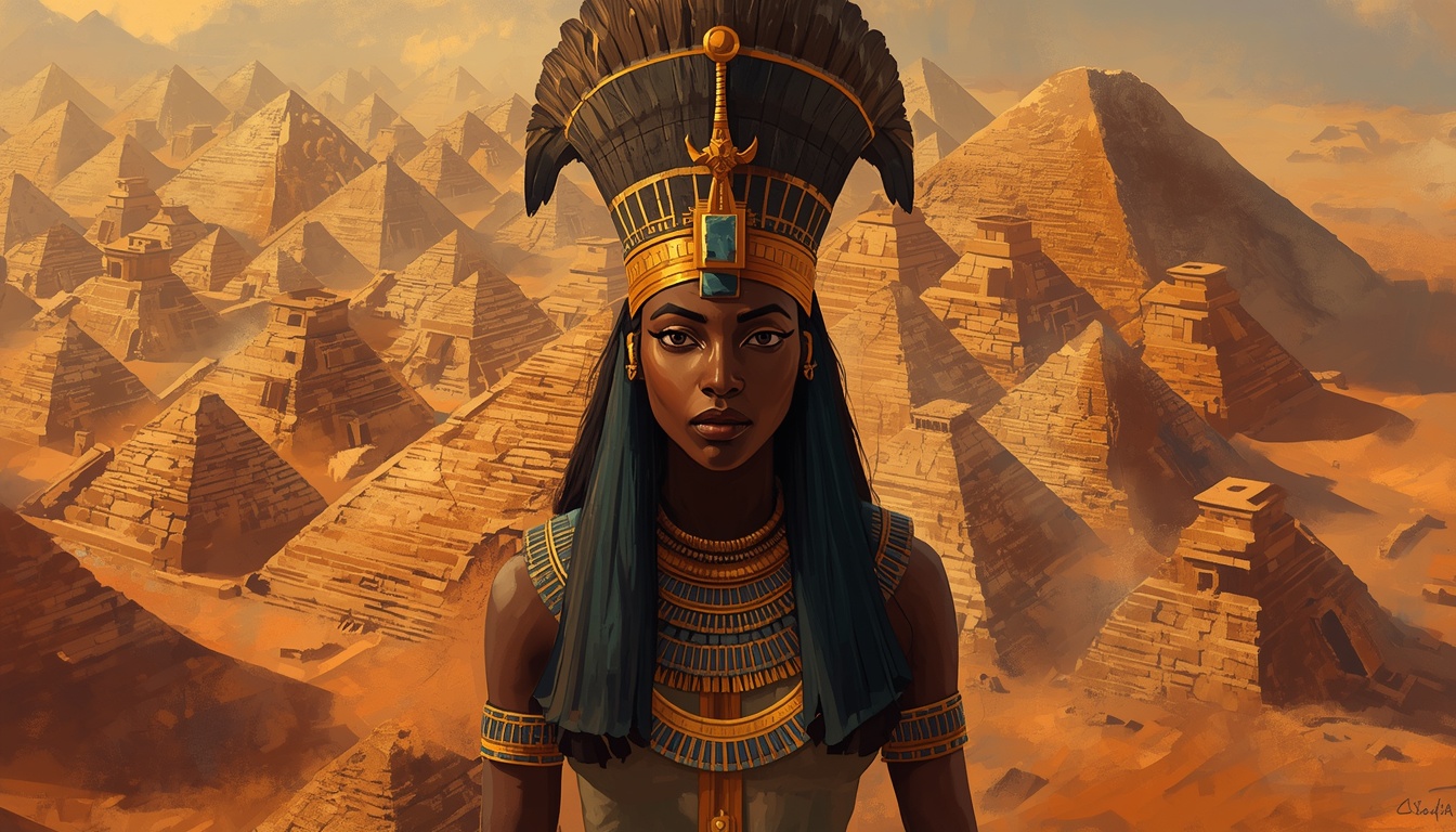 A Kushite Nubian queen in a feathered vulture headdress and gold beaded collar, standing before the small steep-sided pyramids of Meroe, Sudan