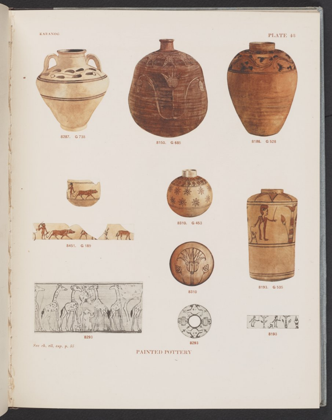 Painted pottery and decorative bands including giraffes, plants, geometric ornament and a hunter with a hound