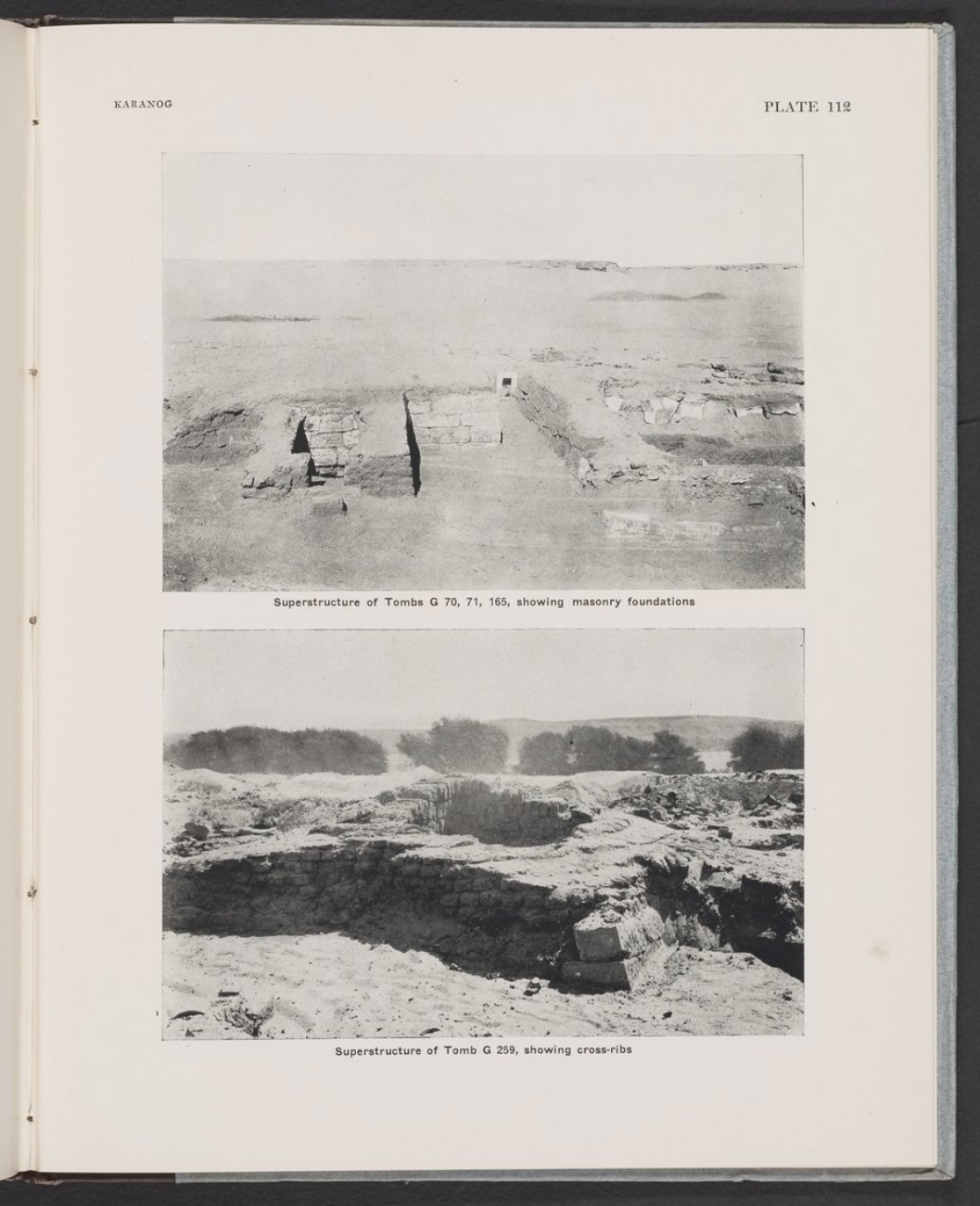 Two excavation photographs showing foundations of G70, G71 and G165, and cross-ribs of G259