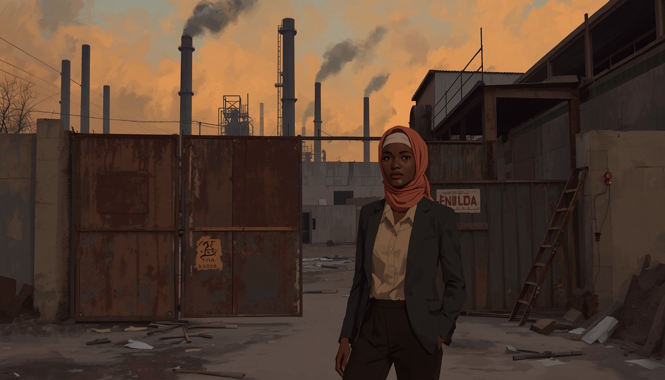 A Sudanese woman engineer in modern professional attire standing before a rusted, padlocked factory gate with idle smokestacks and a broken ladder in the background