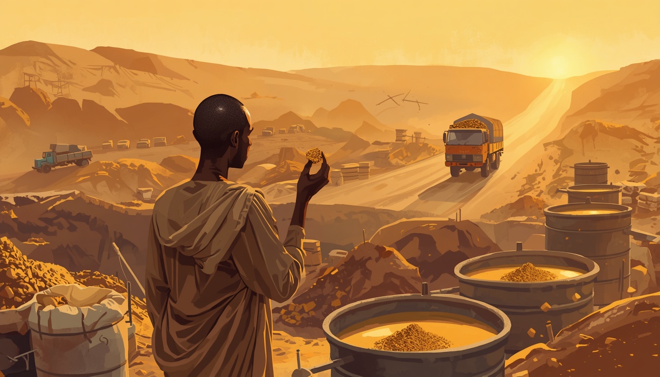 A Sudanese man at an artisanal gold mine in the Red Sea Hills examining a raw ore sample, with a truck carrying unprocessed mineral sacks driving away in the distance