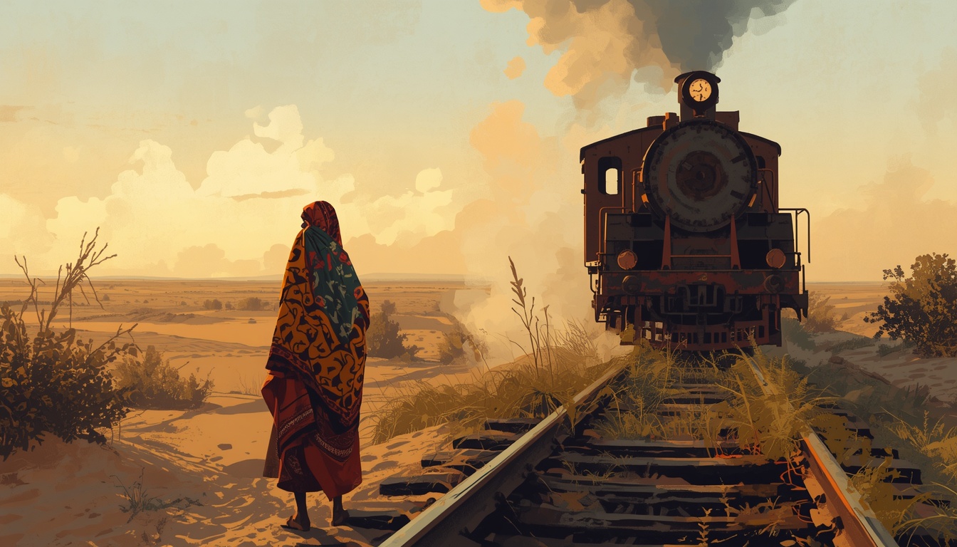 A Sudanese woman in a traditional toub standing beside an old rusted steam locomotive on overgrown desert railway tracks stretching to the horizon