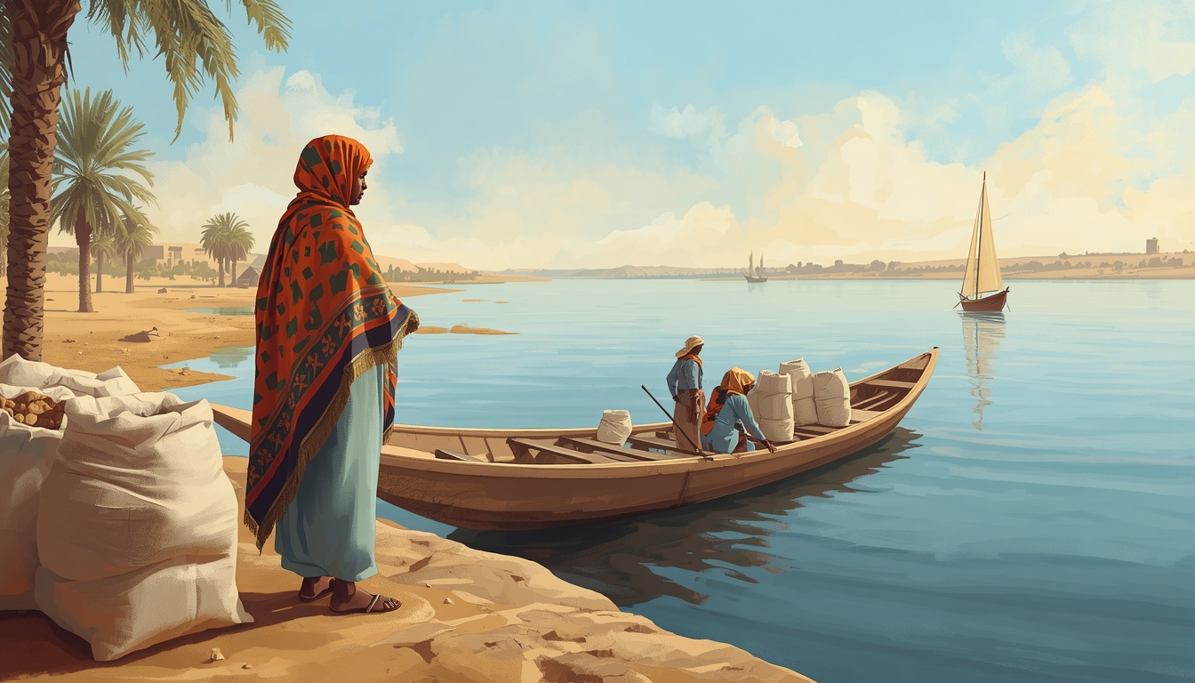 تاجرة سودانية تشرف على تحميل أكياس البضائع على مركب نهري خشبي تقليدي على النيل، ونخيل وقارب شراعي في الأفق