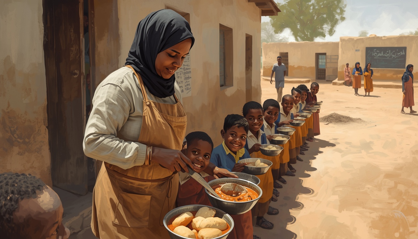 A Sudanese school cook serving bowls of stew and bread to a line of schoolchildren in a modest schoolyard