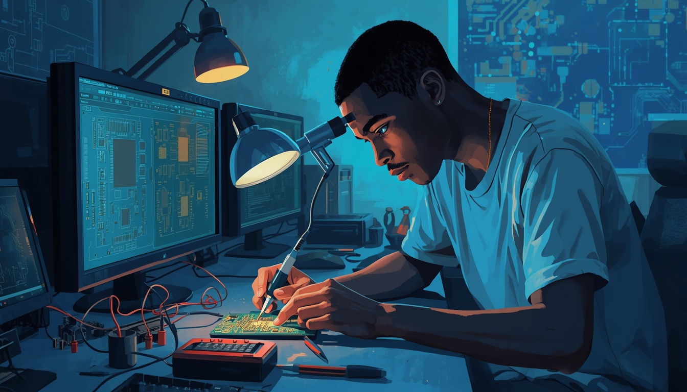 A young Sudanese electronics engineer examining a circuit board under a magnifying lamp at a workbench, chip schematics glowing on computer screens behind him