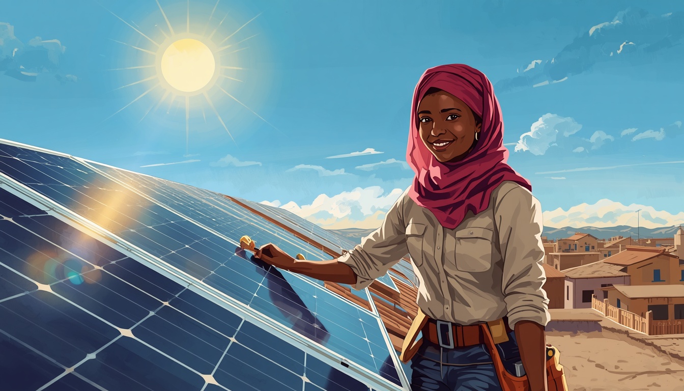 A Sudanese solar technician installing panels on a rural rooftop under intense bright sun, rows of solar panels stretching toward a small village below