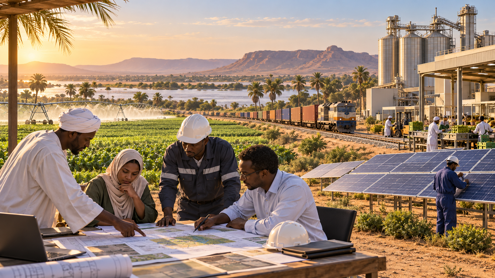 Illustration of Sudanese farmers, technicians and an agricultural engineer linking irrigated fields to solar power, food processing and rail transport