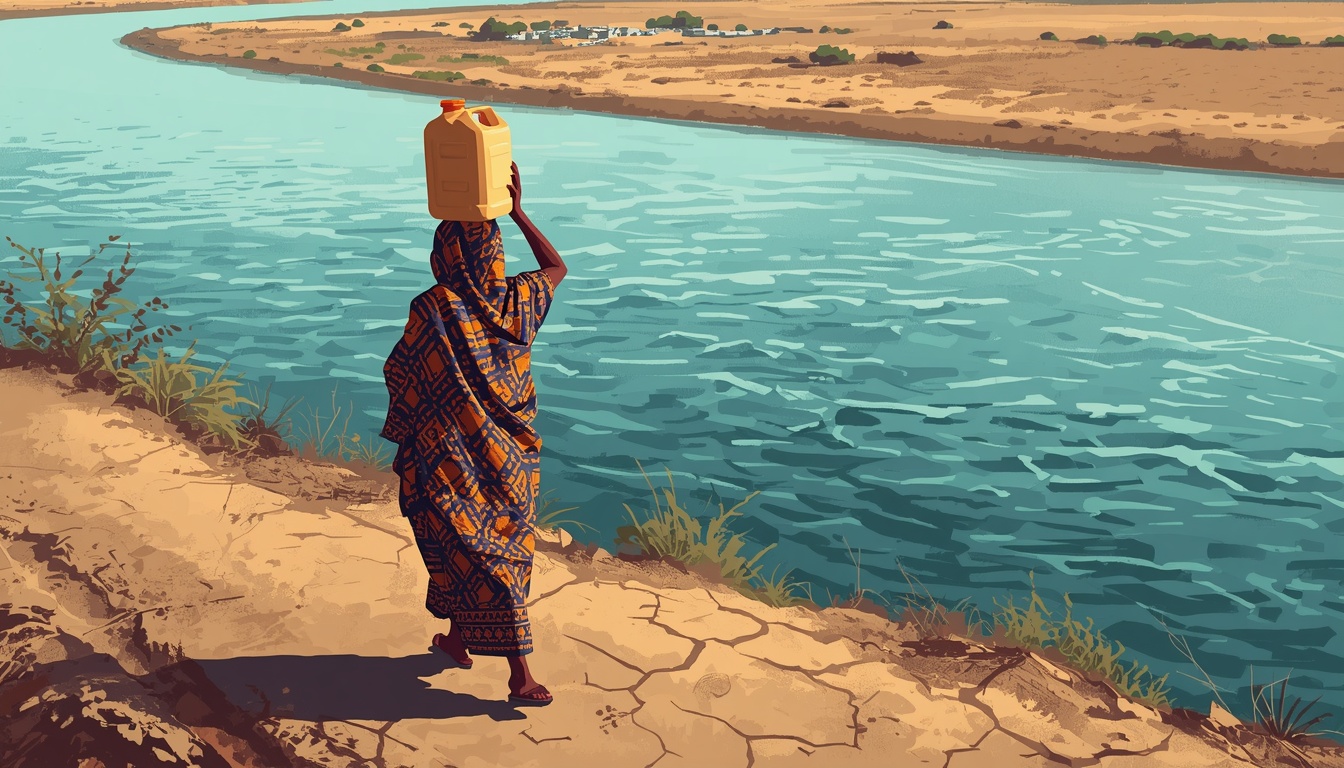 A Sudanese woman carrying a water jerry can on her head along a dusty cracked path, with the full flowing Nile river visible right beside her